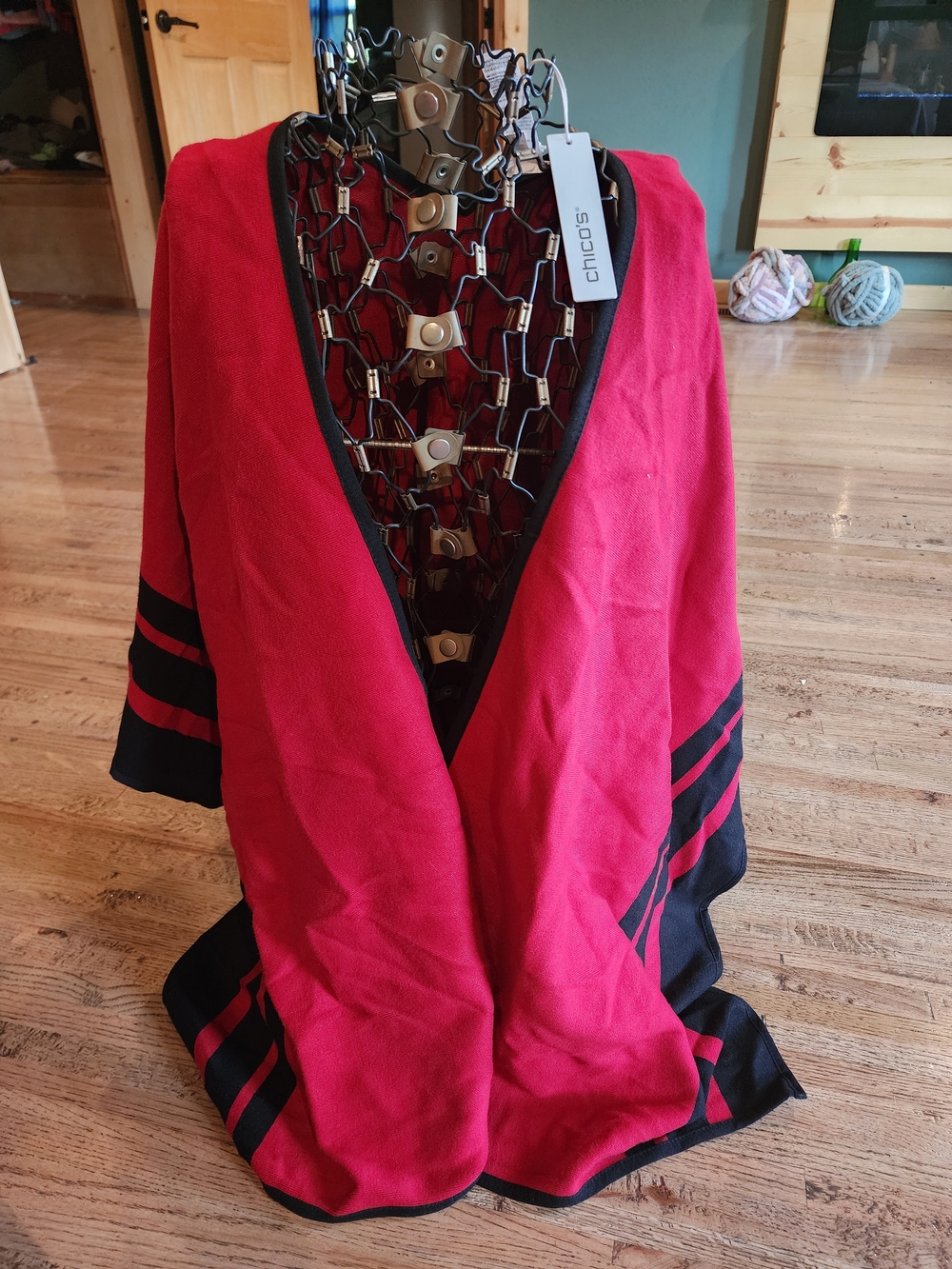 Chico's Red and Black Striped Open Front Cardigan